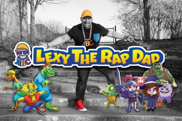 Lexy The Rap Dad performer in orange cap and gold chain standing on stone steps with colorful animated characters from his Friendly Fables children's book series including dragons, knights, and fantasy creatures