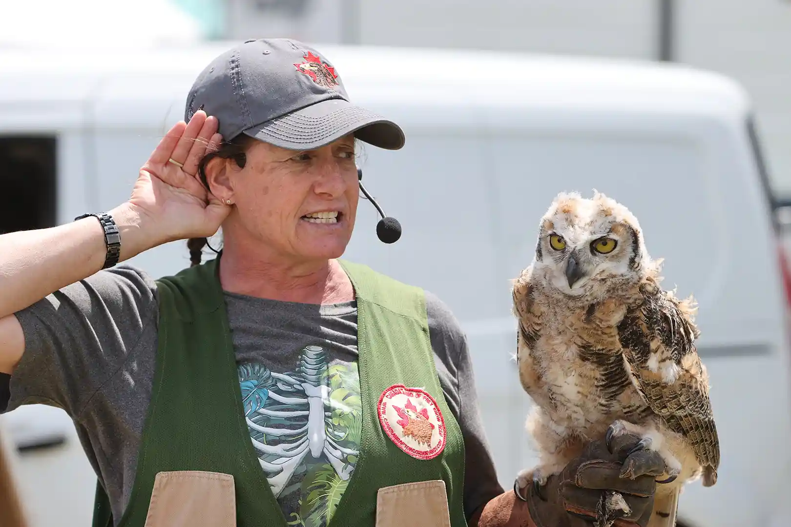 A Canadian Raptor Conservancy handler with a headset cups her ear to the crowd while a young great horned owl perches on her gloved hand.